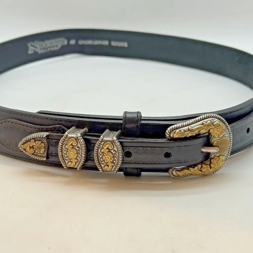 Nocona Black Leather Western Belt Men 40 Engraved Buckle Double Keeper Metal Tip